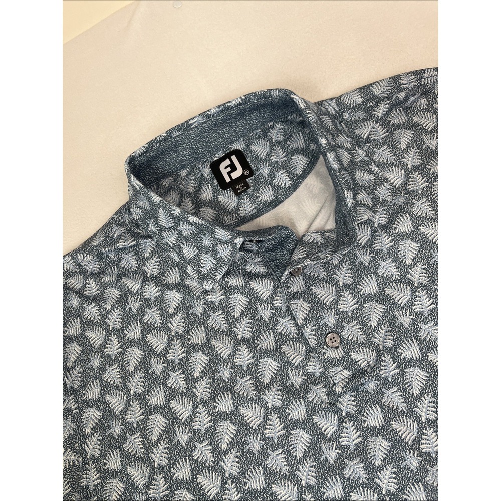 FootJoy Shadow Palm Print Lisle Mens Golf Polo Shirt Fern Print Blue Size XL